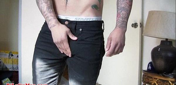  Tatted gay Latin man jerking off